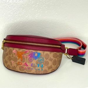 Rare Coach Belt Bag In Signature Canvas With Rexy And Carriage-Tan/DeepRed Multi